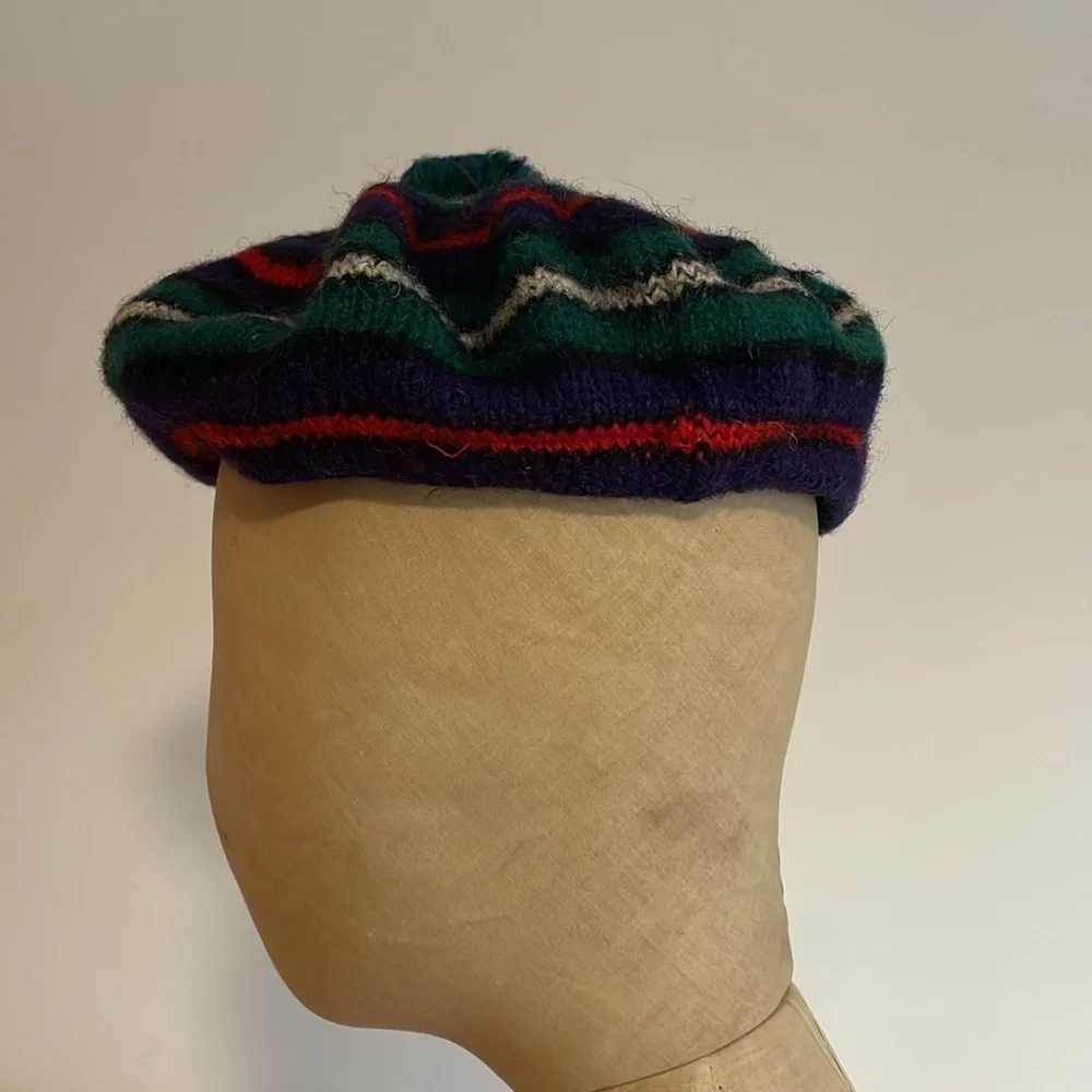 VTG Striped Knit Tam Beret Green Wool Pom Scotland MacKenzie Hat Cap Stripe Navy